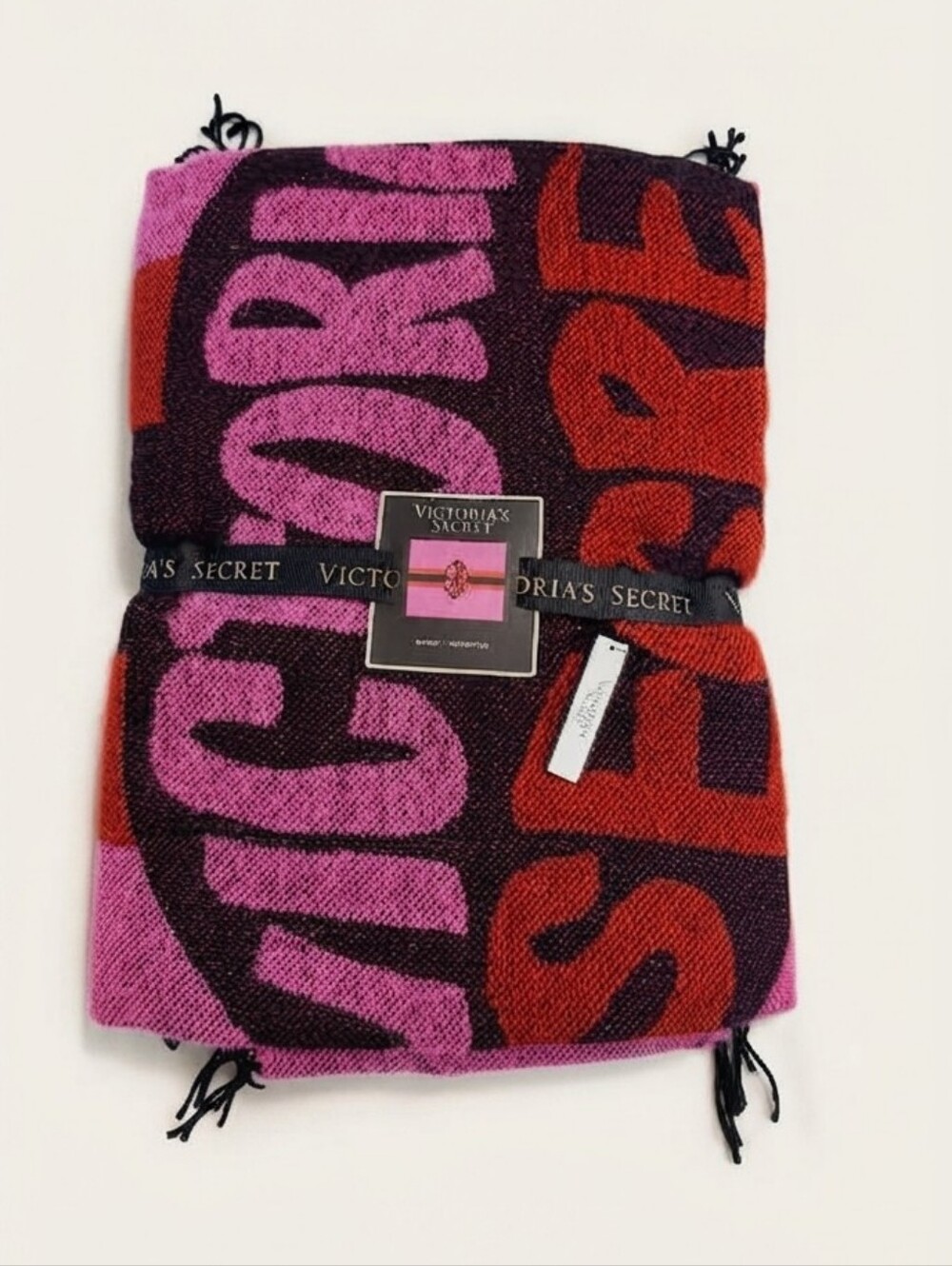 NWT Victoria's Secret Cozy Throw Blanket Fringe Logo Red Pink 50" x 60"